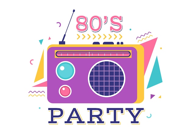 Ilustração de fundo dos desenhos animados de festa dos anos 80 com música retrô 1980 e discoteca em design de estilo antigo