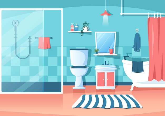 Ilustração de fundo interior de móveis de banheiro moderno com banheira para tomar banho e limpar