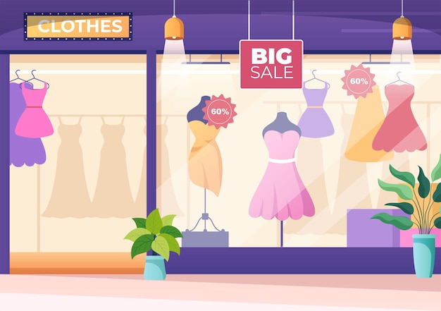 Ilustração de fundo moderno de shopping center com interior interior e várias lojas de varejo