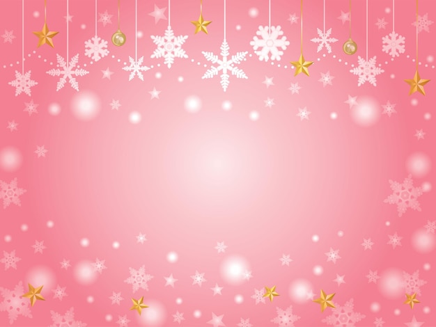 Ilustração de fundo rosa de estrela e cristal nevado de Natal.