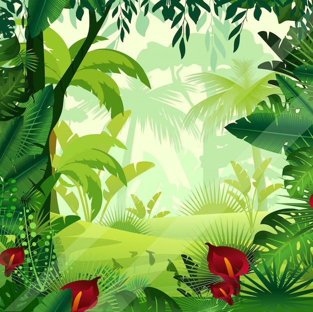 Ilustração de fundo selva gramado em tempo de manhã. Selva colorida brilhante com samambaias, árvores, arbustos, videiras e flores em desenhos animados e.