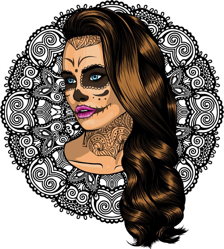 Vetor ilustração de garota de caveira mexicana com decoração