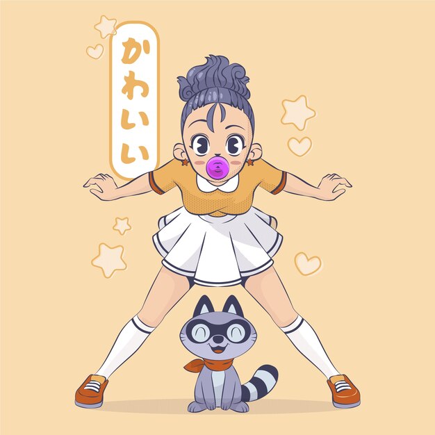 Ilustração de garota kawaii de design plano