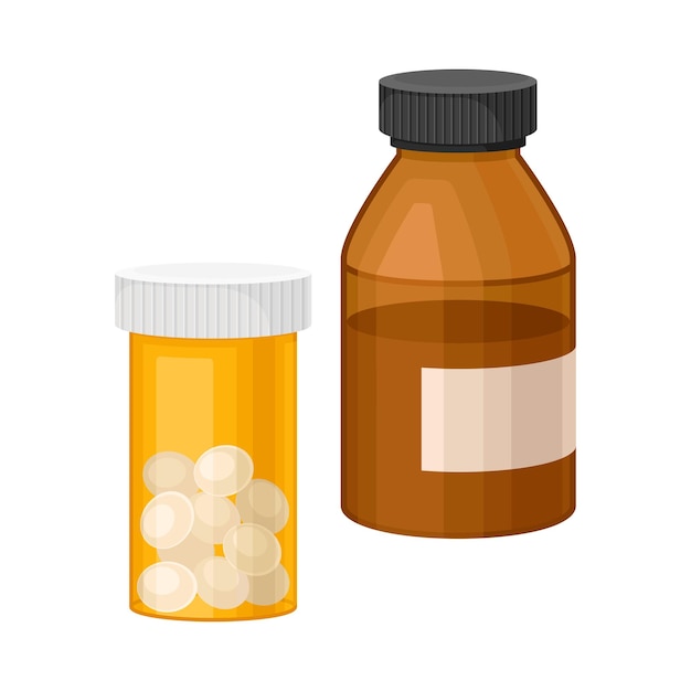 Vetor ilustração de garrafas com comprimidos e líquido como fármaco farmacêutico ou vector de medicamentos