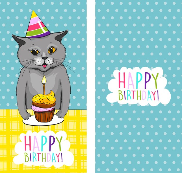 Ilustração de gato bonito com bolo de aniversário, cartões de feliz aniversário