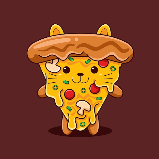 Ilustração de gato bonito pizza com estilo cartoon plana.