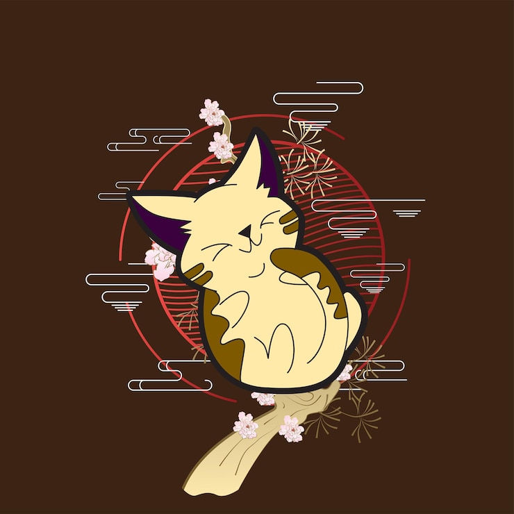 Vetor ilustração de gato com fundo de estilo japonês para logotipo, rótulos e plano de fundo