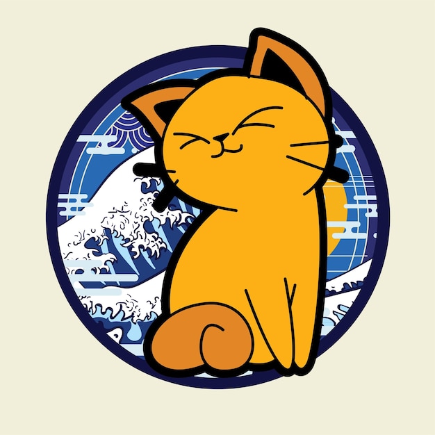 ilustração de gato com fundo de estilo japonês, rótulos, logotipo