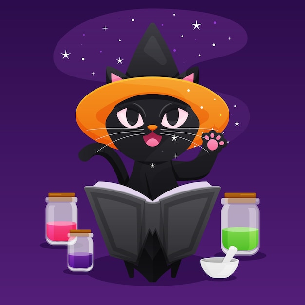 Ilustração de gato de halloween com magia