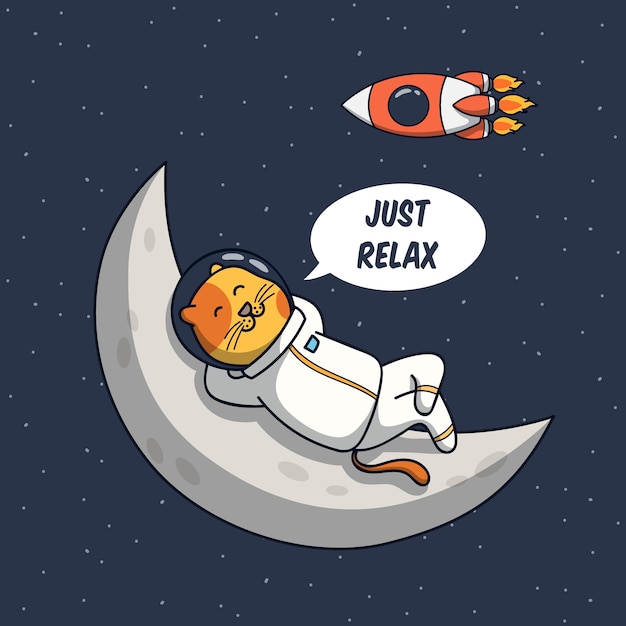 Vetor ilustração de gato engraçado astronauta relaxando na lua