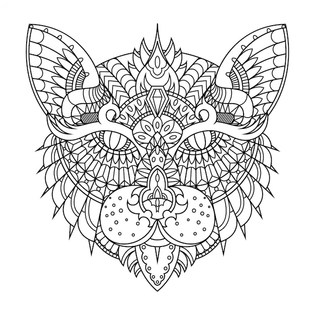 Vetor ilustração de gato, mandala zentangle em estilo linear para colorir