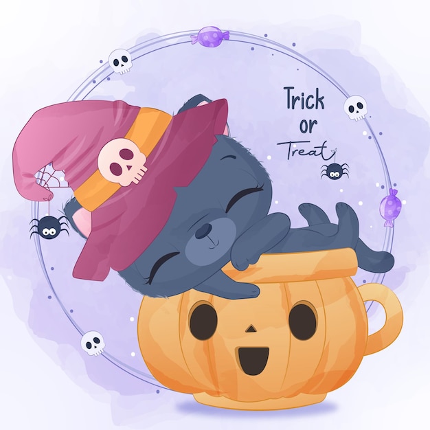 Ilustração de gato preto fofo da série halloween