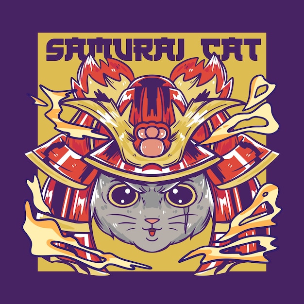 Vetor ilustração de gato samurai fofo