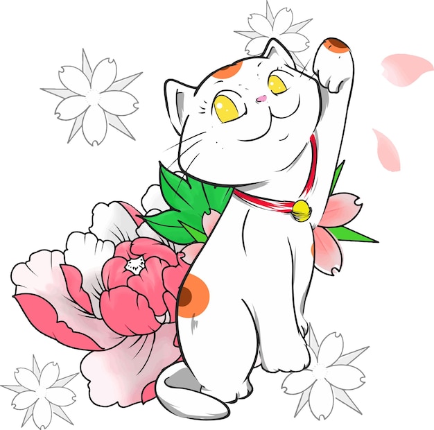 Vetor ilustração de gato sortudo fundo de flor japonesa desenhada à mão