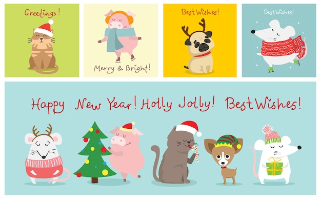 Ilustração de gatos, porcos, ratos e cães de natal com cumprimentos de natal e ano novo. bichinhos fofos com chapéus de férias e presentes.
