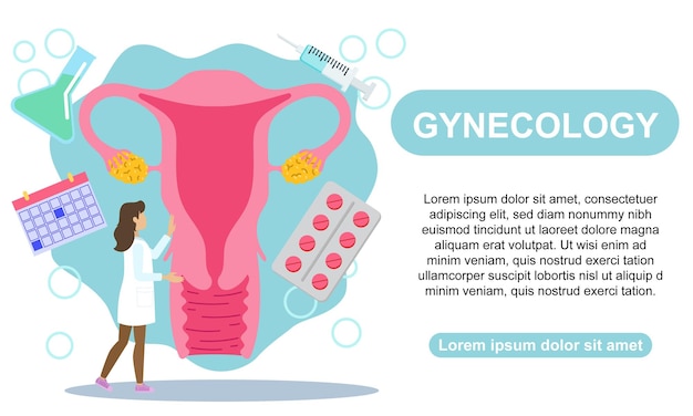 Ilustração de ginecologia com útero e elementos médicos