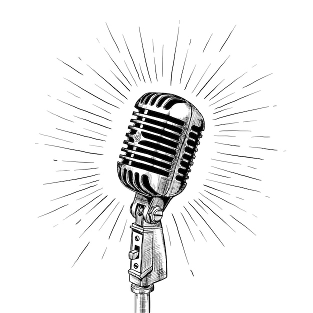 Vetor ilustração de gravura preta de vetor vintage de microfone para web de cartaz isolado no fundo branco