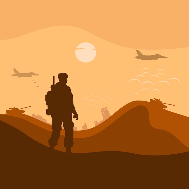 Ilustração de guerra no deserto fundo do exército soldado silhueta Artilharia Cavalaria Avião de guerra aerotransportado destruição da cidade Oriente Médio