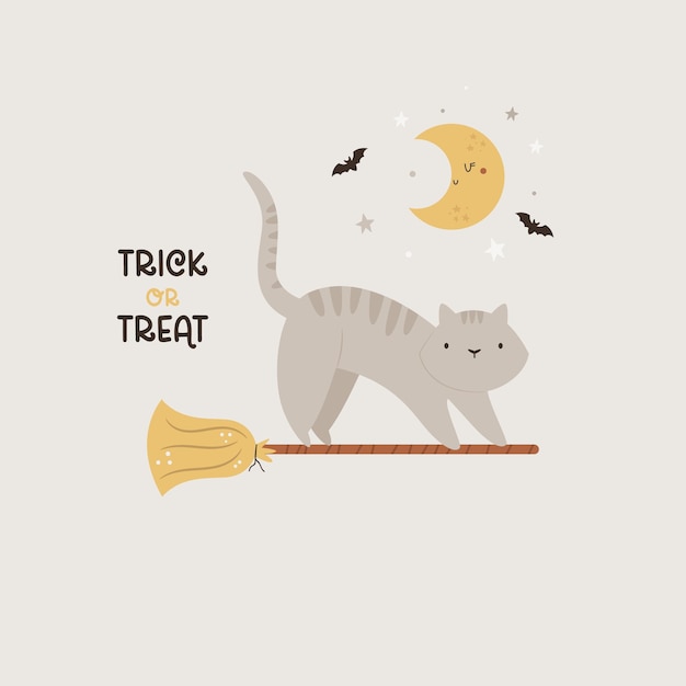 Ilustração de Halloween com gato engraçado em uma vassoura de bruxa