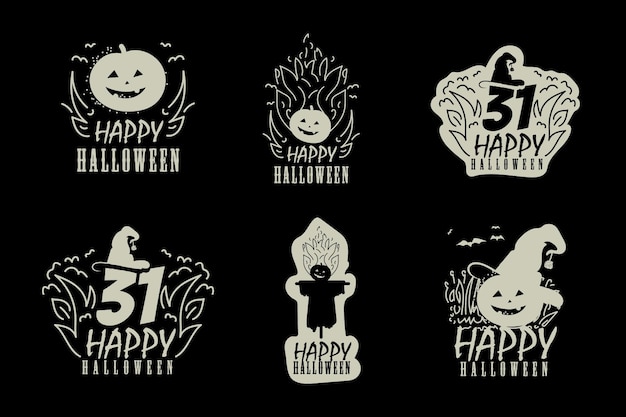 Ilustração de halloween, conjunto vetorial de emblemas vintage de feliz dia das bruxas, emblemas de logotipos e rótulos