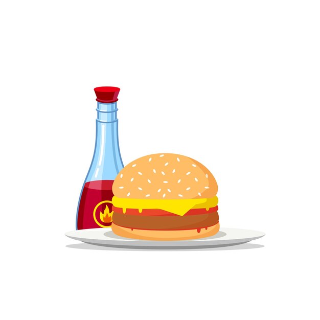 Ilustração de hambúrguer e molho picante ilustração em vetor estilo plano isolado em um fundo branco