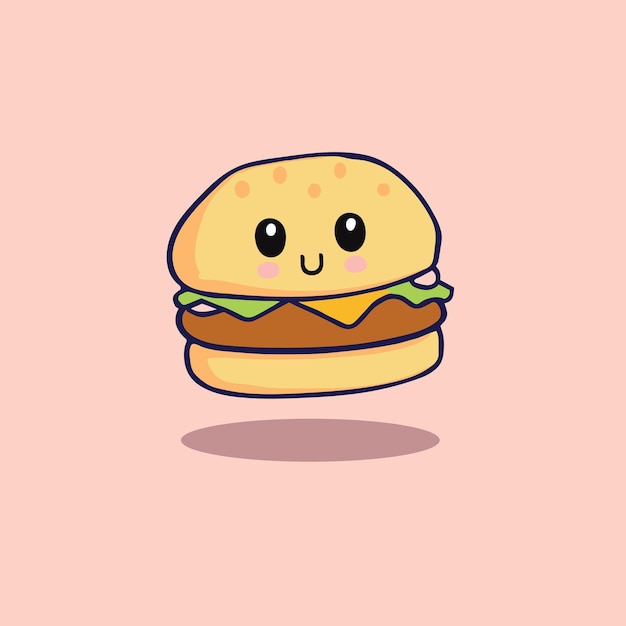 Ilustração de hambúrguer kawaii desenho animado feliz isolado refeição de fast food