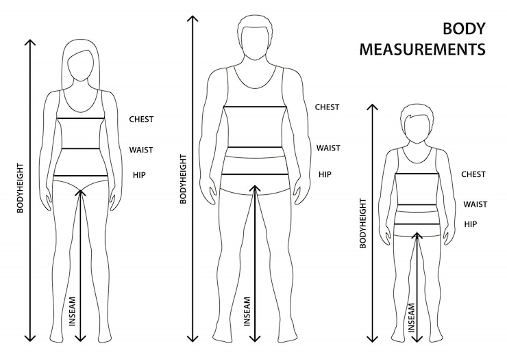 ilustração de homem contorneado, mulheres e menino em toda a extensão, com linhas de medição dos parâmetros do corpo. Medidas de tamanhos de homem, mulher e criança.