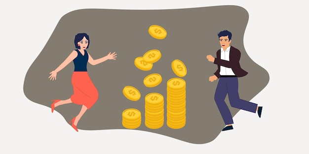 Ilustração de homem e mulher pulando com um sorriso e dinheiro colegas de equipe bem sucedidos vetor de trabalho em equipe
