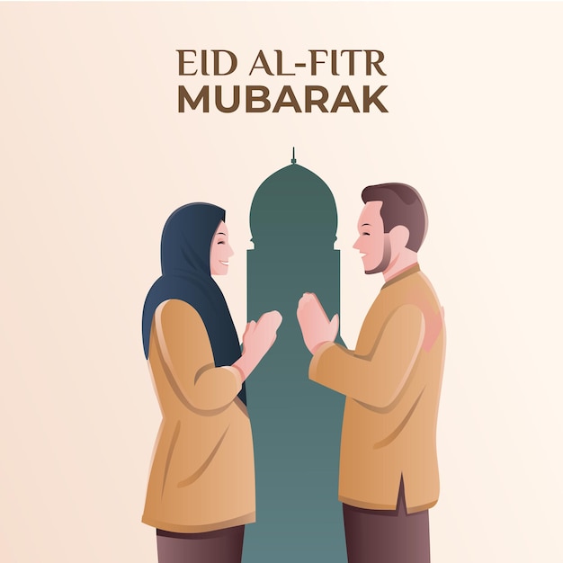 Ilustração de homem muçulmano e mulher muçulmana apertando a mão cumprimentando eid al fitr