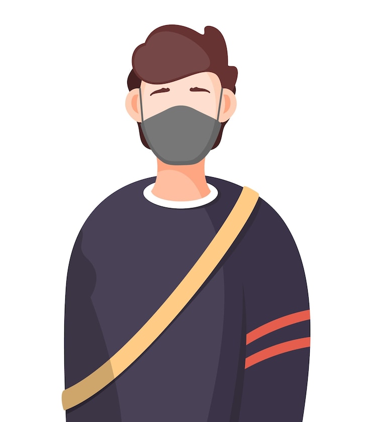 Vetor ilustração de homem usando máscara médica facial em pé na pandemia viral de fundo branco
