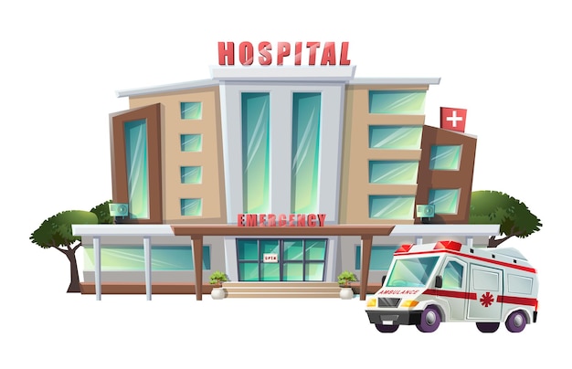 ilustração de hospital com ambulância