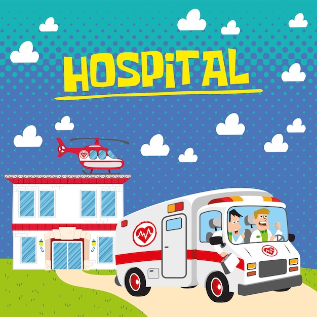 Ilustração de hospital com design de ambulância e médico