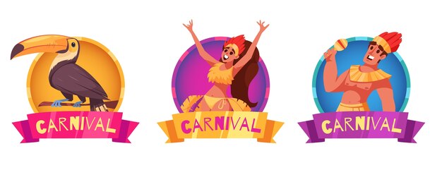 Ilustração de ícone de carnaval brasileiro desenhado à mão com personagens e tucanos.