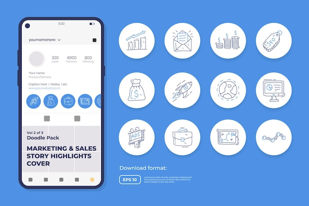 Ilustração de ícone de doodle de negócios e marketing definida para mídia social Destaque Stores Cover com ilustração vetorial de estilo de contorno fino