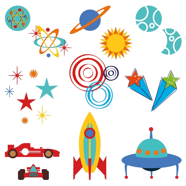 Ilustração de ícone de espaço em quadrinhos com design de desenho de foguete e nave espacial