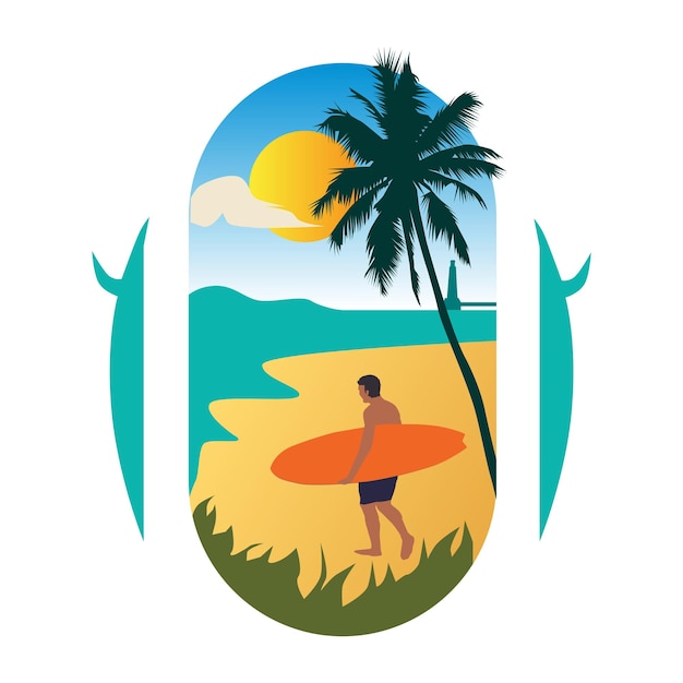 Vetor ilustração de ícone de prancha de surf e palmeira