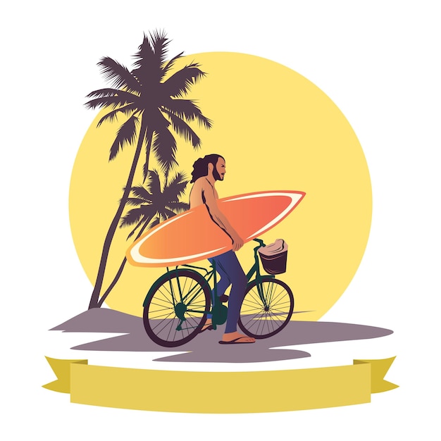 Ilustração de ícone de prancha de surf e palmeira
