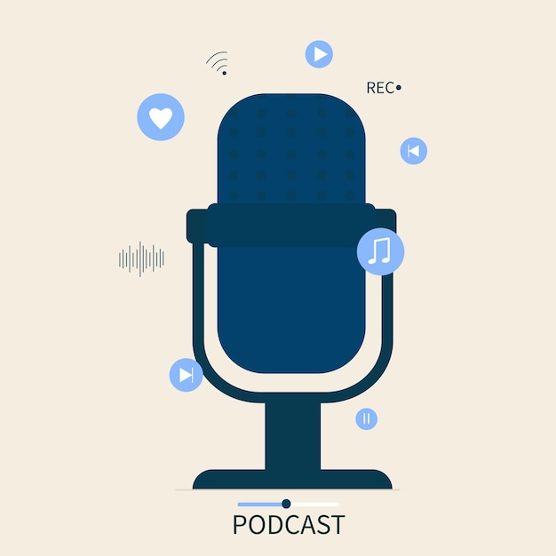 Ilustração de ícone de rádio de podcast Microfone de desktop de estúdio Logo da gravação de áudio do webcast