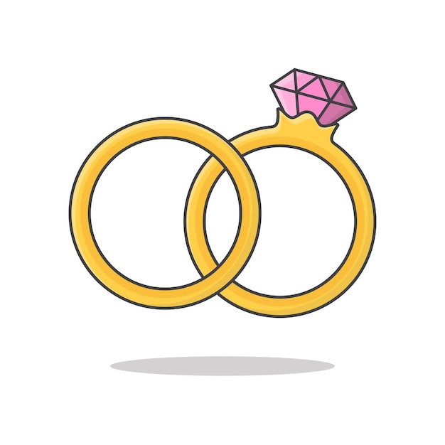 Ilustração de ícone de vetor de anel de diamante de casamento. Ícone plano de par de alianças de ouro
