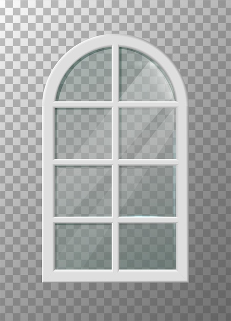 ilustração de ícone vetorial realista Arch janela de plástico branco com reflexo de vidro transparente