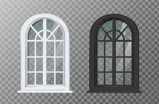 ilustração de ícone vetorial realista Molduras de janela de arco de mansão antiga em preto e branco