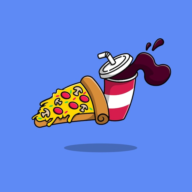 Ilustração de ícones vetoriais de desenhos animados de pizza e refrigerante