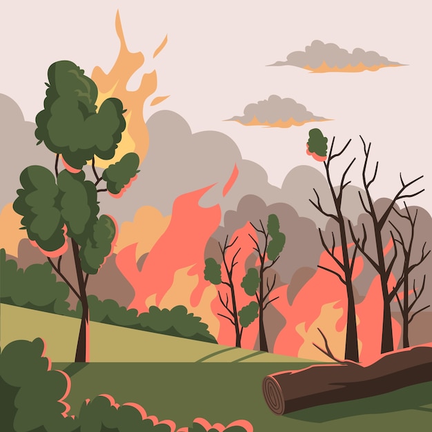 Vetor ilustração de incêndio florestal desenhada à mão