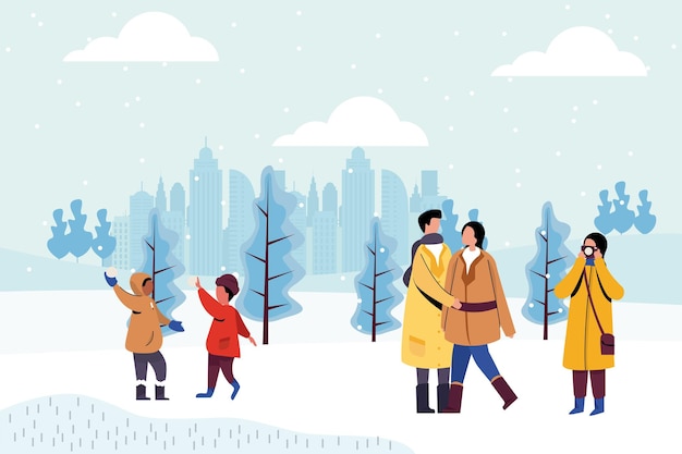 Ilustração de inverno férias pessoas divertidas na neve caminhando no parque