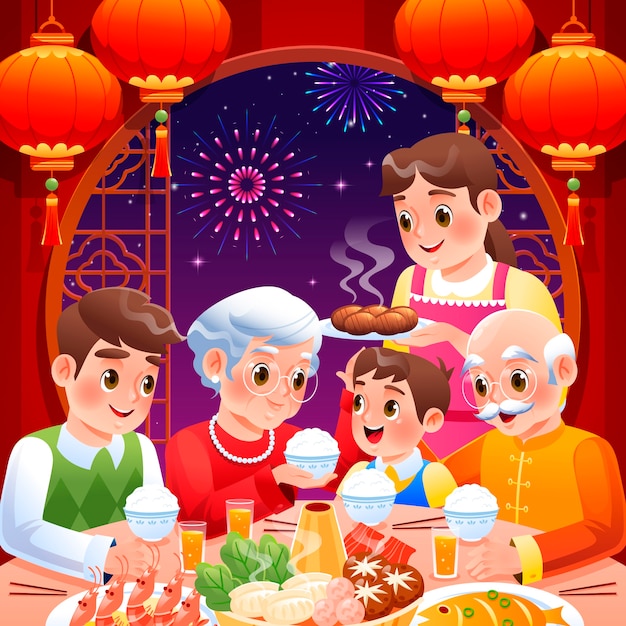 Ilustração de jantar de reunião de gradiente para o festival de ano novo chinês