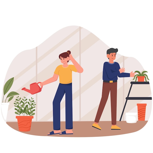 Ilustração de jardinagem de planta de casa_Mulher e homem cuidando de plantas