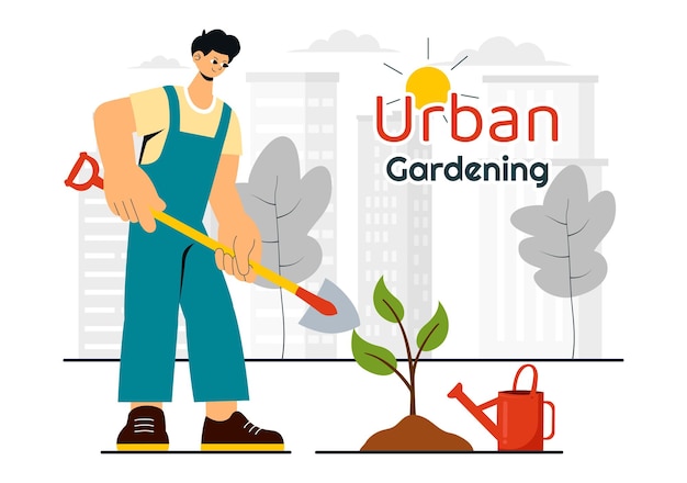 Ilustração de jardinagem urbana com pessoas plantando brotos em um leito de jardim levantado de madeira com floristas e vegetação em um cenário urbano moderno