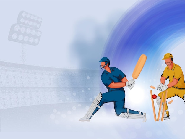 Ilustração de jogador batedor e goleiro de Wicket bateu a bola para tocos no fundo do estádio azul e cinza.