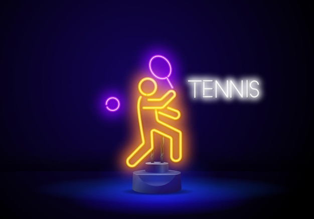 Ilustração de jogador de tênis de néon profissional jogador de tênis de néon linear claro em um fundo preto equipamento de jogo de tênis vetor de sinal de luz de néon ícone brilhante brilhante raquete e campo de tênis