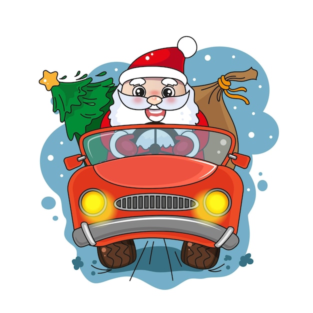 Ilustração de kawaii de Natal com o bonito Papai Noel a conduzir um carro vermelho com presentes e árvore